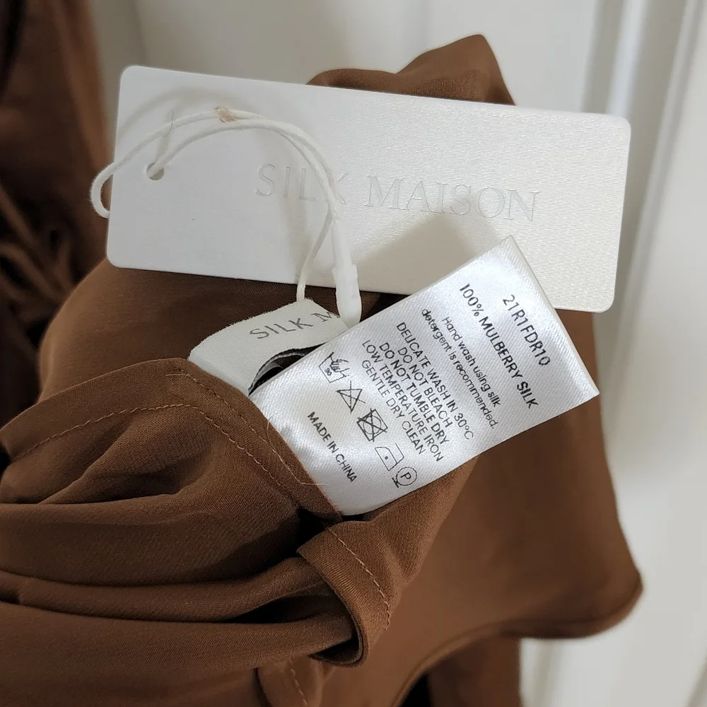 Silk Maison Lounge Cowl Neck Midi 100% Mulberry Silk Slip Dress XS Mocha Mousse - Picture 7 of 9